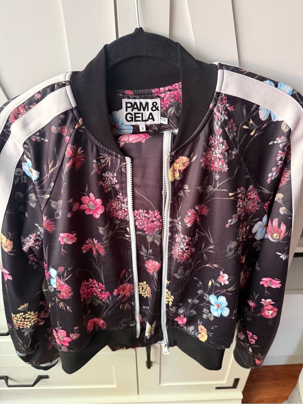 Pam & Gela Set Black Floral Bomber Jacket with White Shoulder Stripes